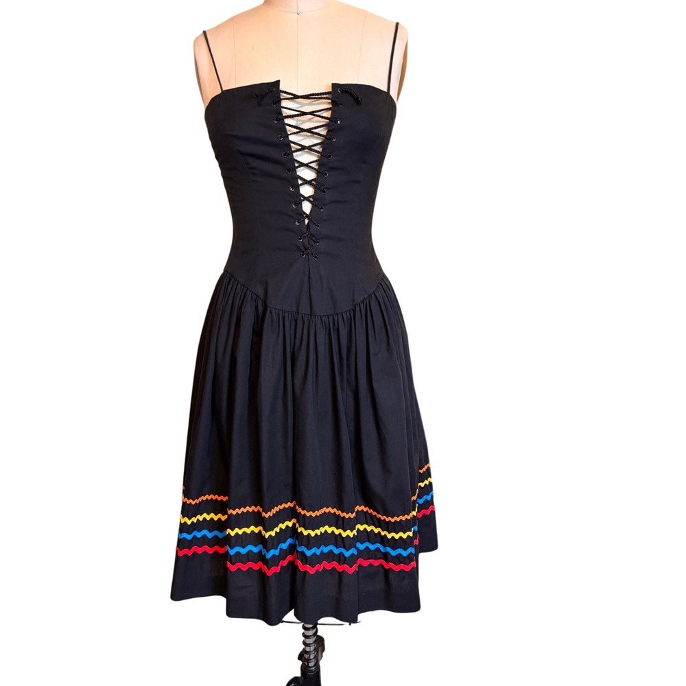 Vintage 80s Lace Up Rickrack Dress Hartsville PA. Womens XS Black Excellent Folk